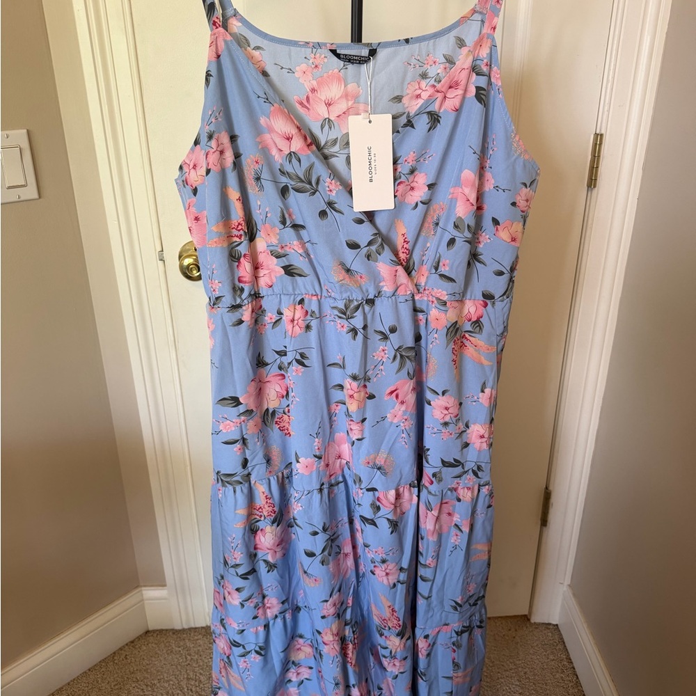 Casual Blue Floral Maxi Dress with Pink Blooms